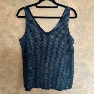 Kenar Metallic Shine Double V-neck Sleeveless Top Black Blue L
